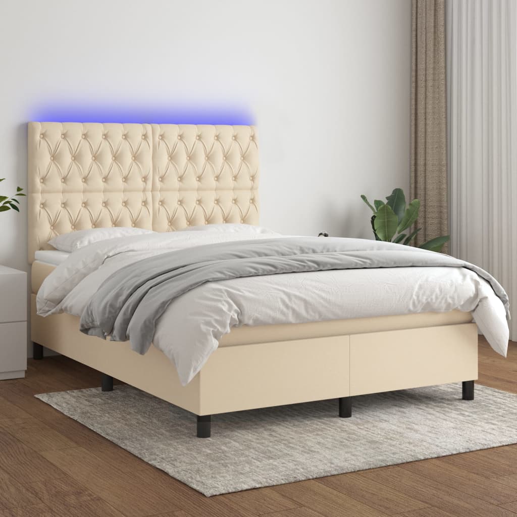 Letto a Molle con Materasso e LED Crema 140x190 cm in Tessuto | homemem39