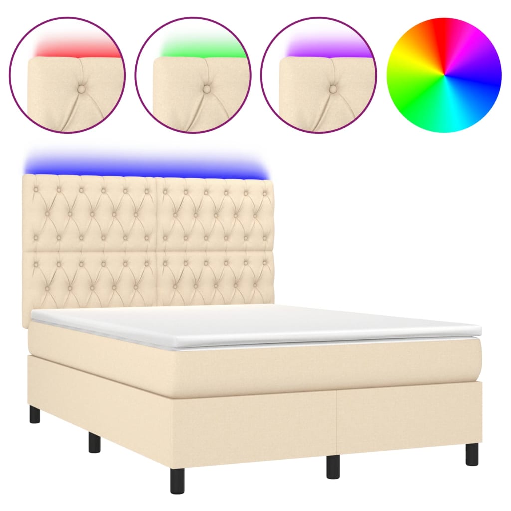 Letto a Molle con Materasso e LED Crema 140x200 cm in Tessuto - homemem39