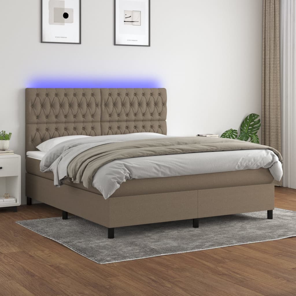 Letto a Molle con Materasso e LED Tortora 160x200 cm in Tessuto | homemem39