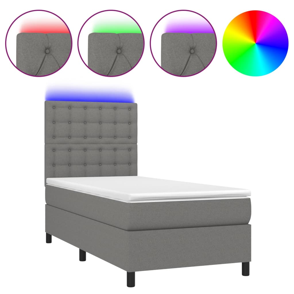 Letto a Molle Materasso e LED Grigio Scuro 90x200 cm in Tessuto | homemem39