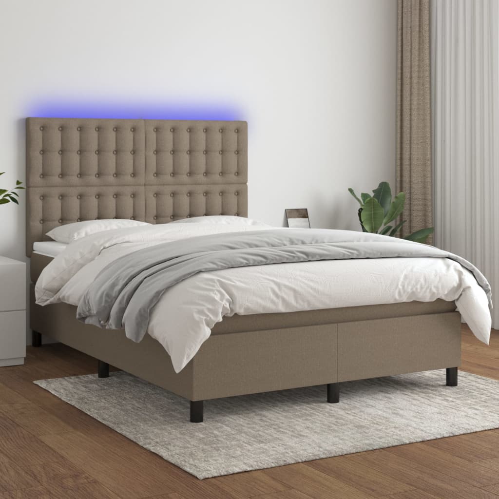 Letto a Molle con Materasso e LED Tortora 140x190 cm in Tessuto | homemem39