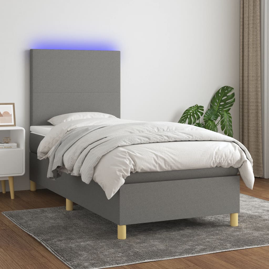 Letto a Molle Materasso e LED Grigio Scuro 90x200 cm in Tessuto - homemem39