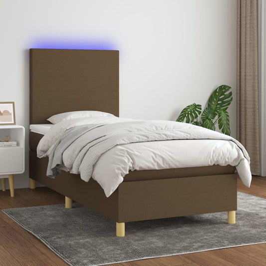 Letto a Molle Materasso e LED Marrone Scuro 90x200cm in Tessuto - homemem39