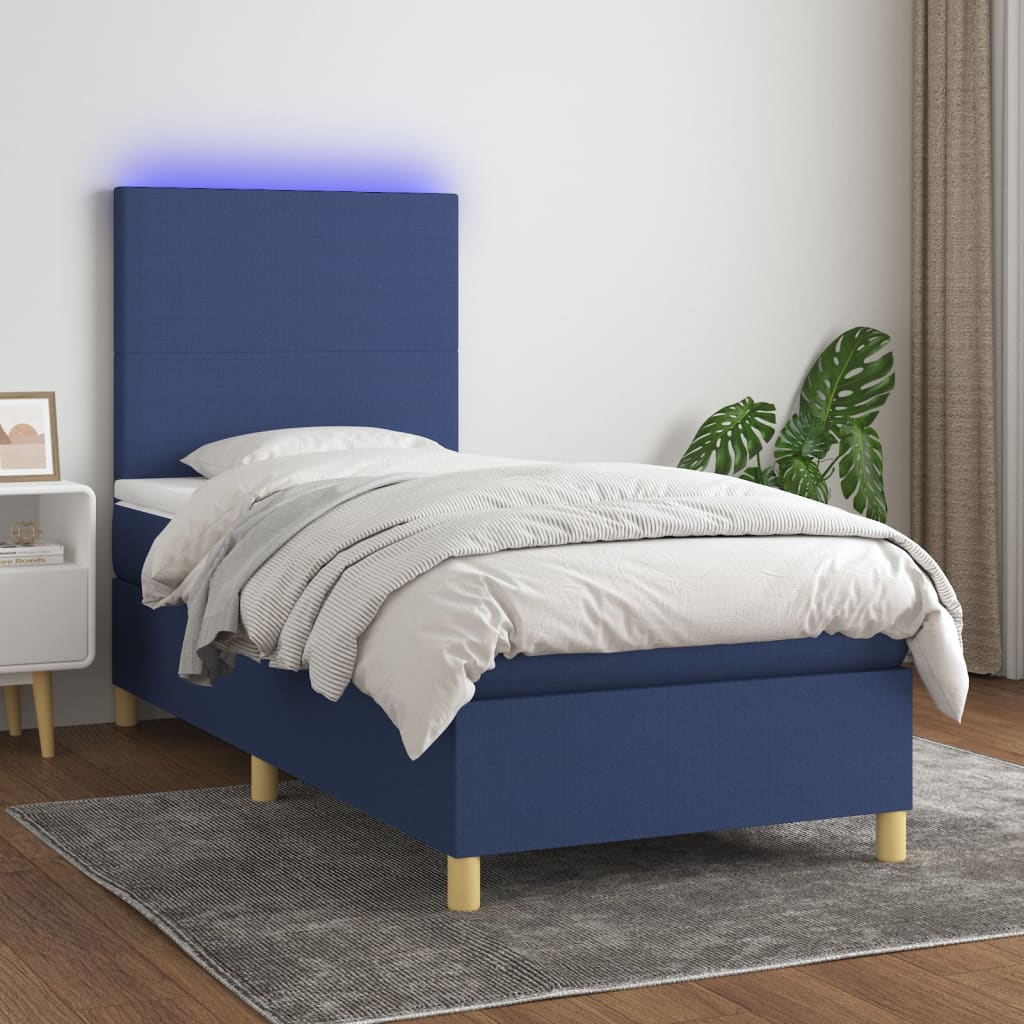 Letto a Molle con Materasso e LED Blu 90x200 cm in Tessuto | homemem39
