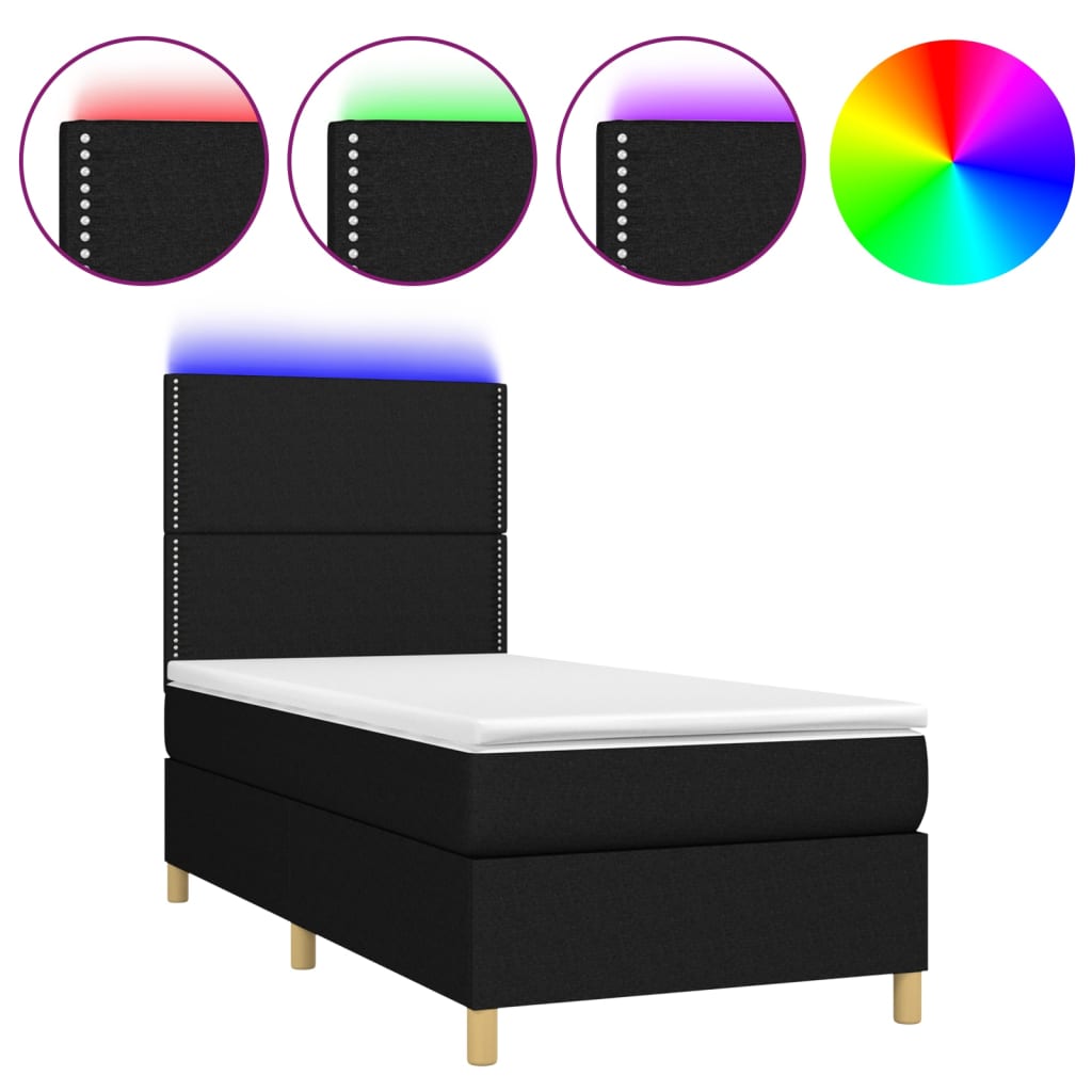 Letto a Molle con Materasso e LED Nero 90x200 cm in Tessuto - homemem39