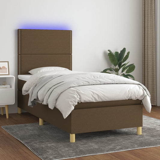 Letto a Molle Materasso e LED Marrone Scuro 90x200cm in Tessuto - homemem39