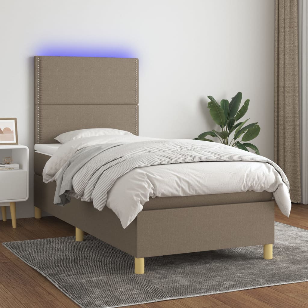 Letto a Molle con Materasso e LED Tortora 100x200cm in Tessuto | homemem39