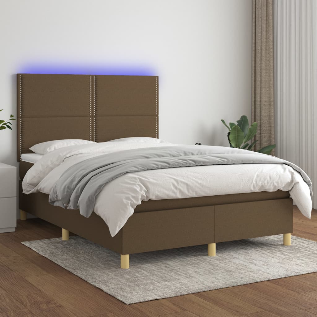 Letto a Molle Materasso e LED MarroneScuro 140x190cm in Tessuto | homemem39