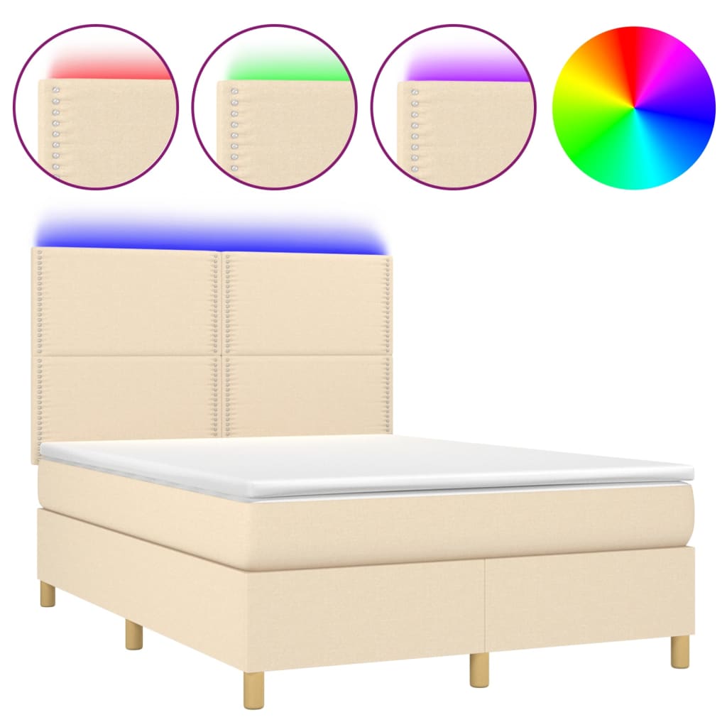 Letto a Molle con Materasso e LED Crema 140x190 cm in Tessuto | homemem39