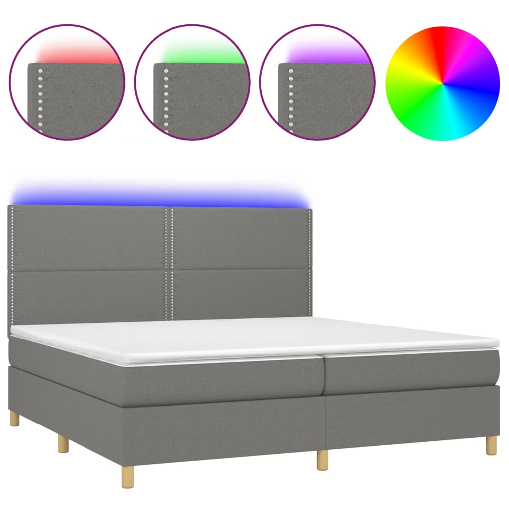 Letto a Molle Materasso e LED Grigio Scuro 200x200cm in Tessuto - homemem39