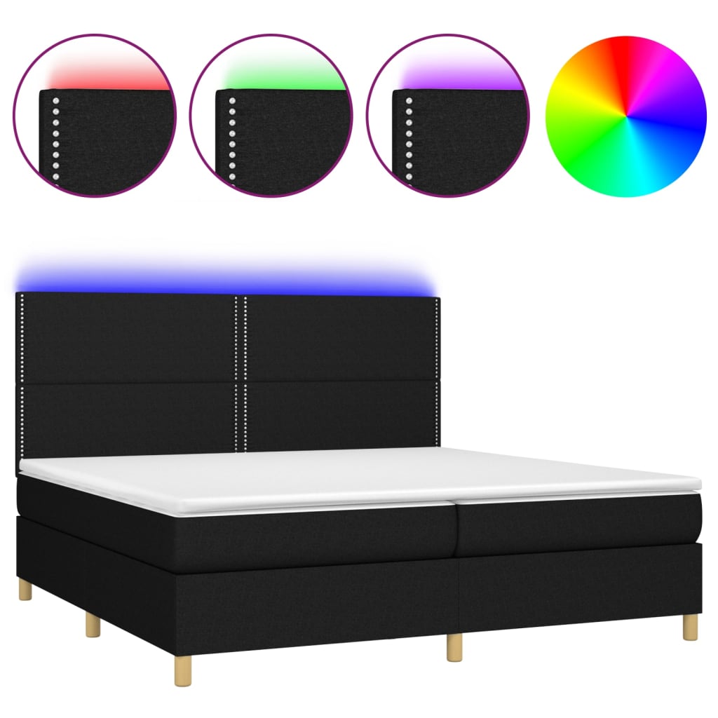Letto a Molle Materasso e LED Nero 200x200cm in Tessuto - homemem39