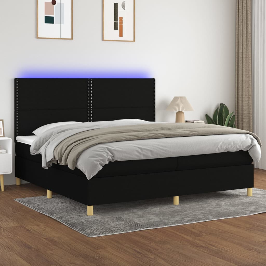 Letto a Molle Materasso e LED Nero 200x200cm in Tessuto - homemem39