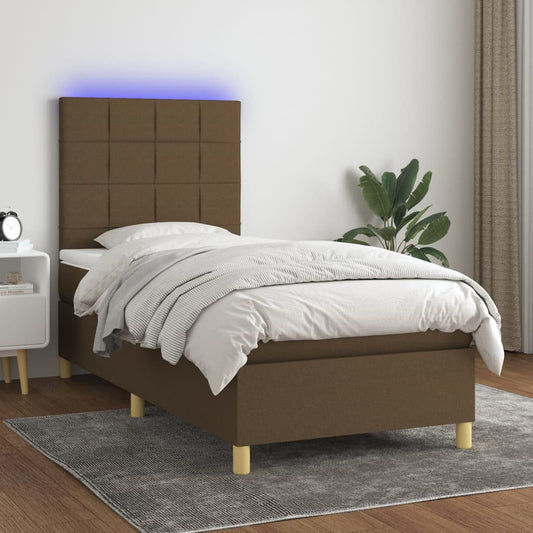 Letto a Molle Materasso e LED Marrone Scuro 90x200cm in Tessuto - homemem39