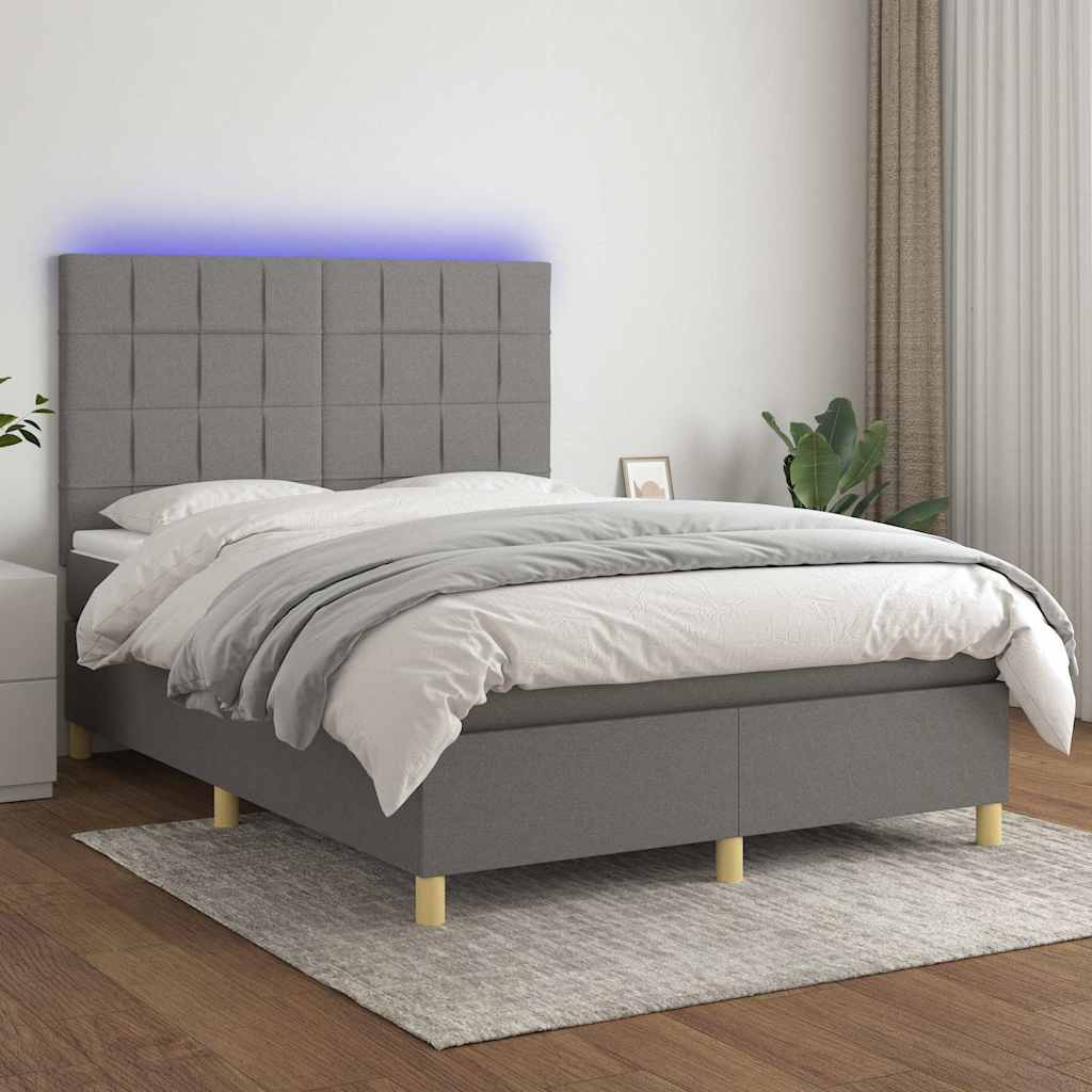 Letto a Molle Materasso e LED Grigio Scuro 140x200cm in Tessuto