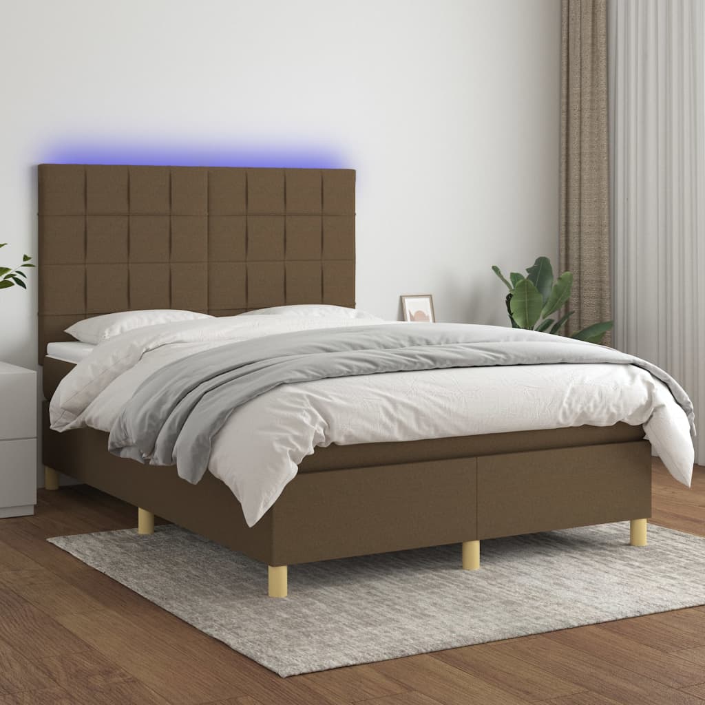 Letto a Molle Materasso e LED Marrone Scuro 140x200 cm Tessuto | homemem39