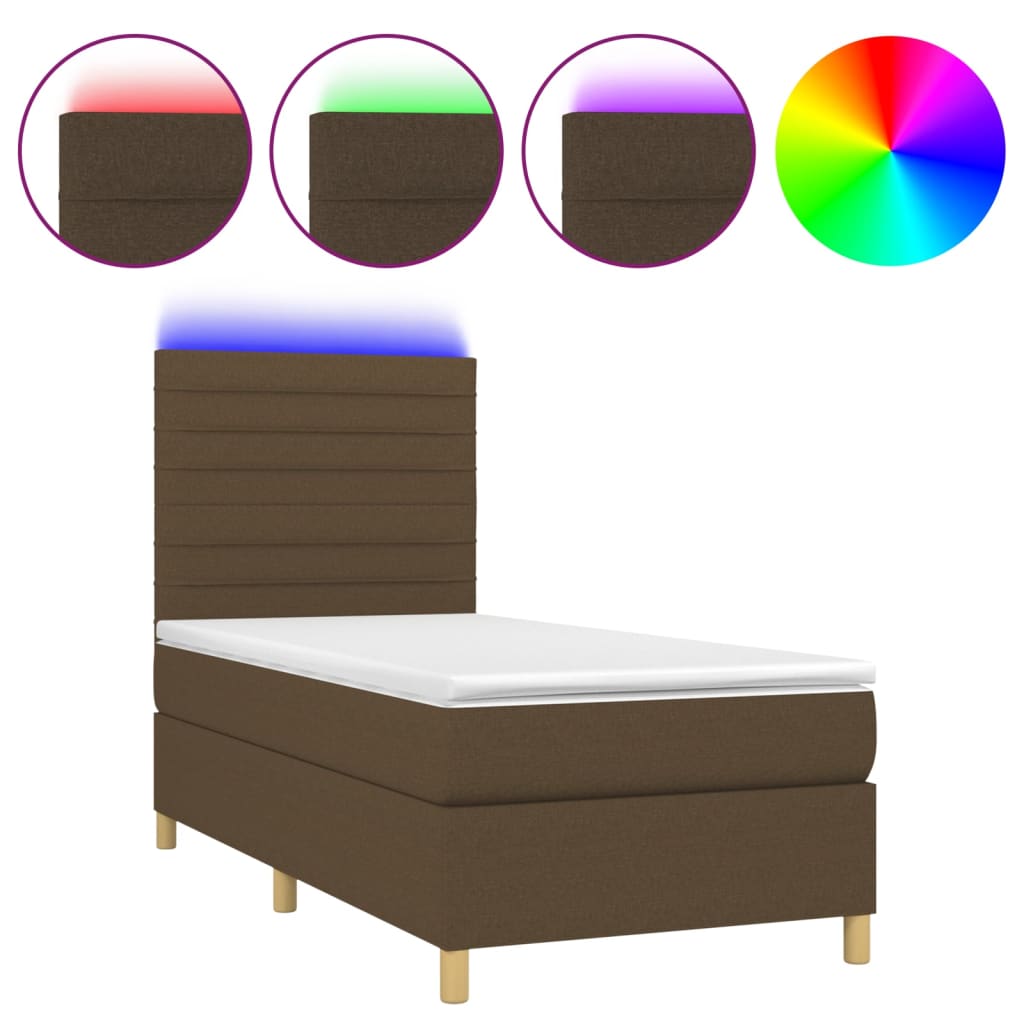 Letto a Molle Materasso e LED Marrone Scuro 90x190cm in Tessuto - homemem39