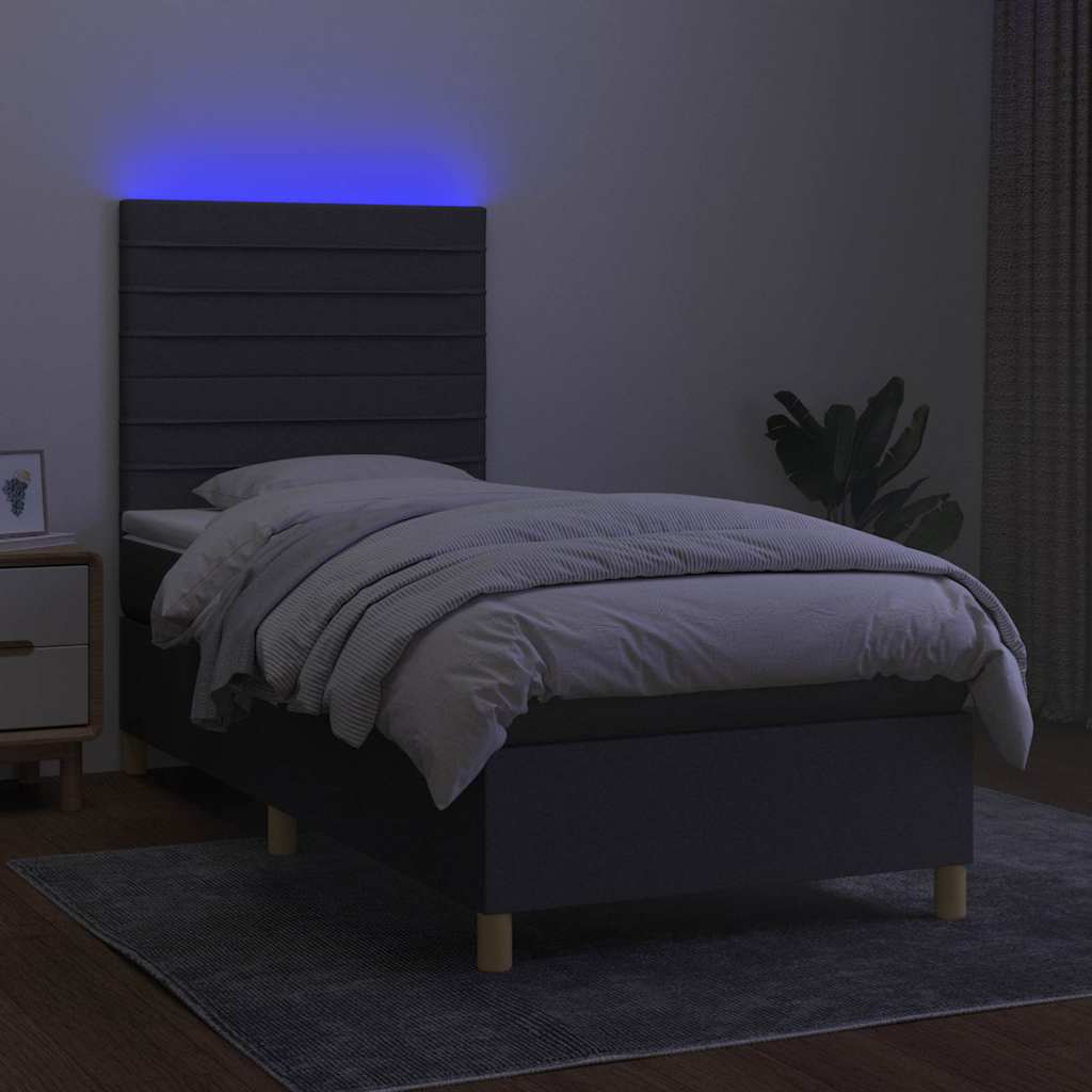 Letto a Molle Materasso e LED Grigio Scuro 90x200 cm in Tessuto
