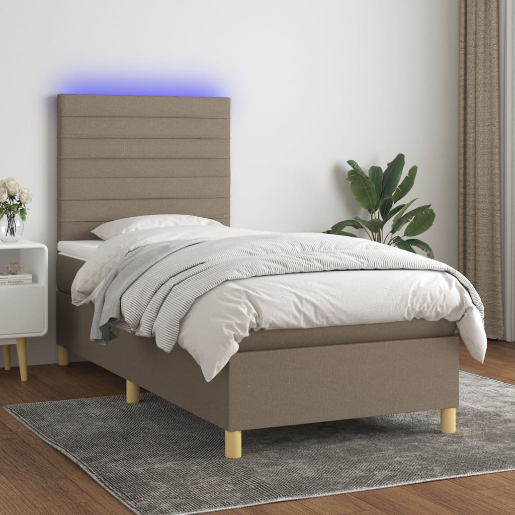 Letto a Molle con Materasso e LED Tortora 90x200 cm in Tessuto - homemem39