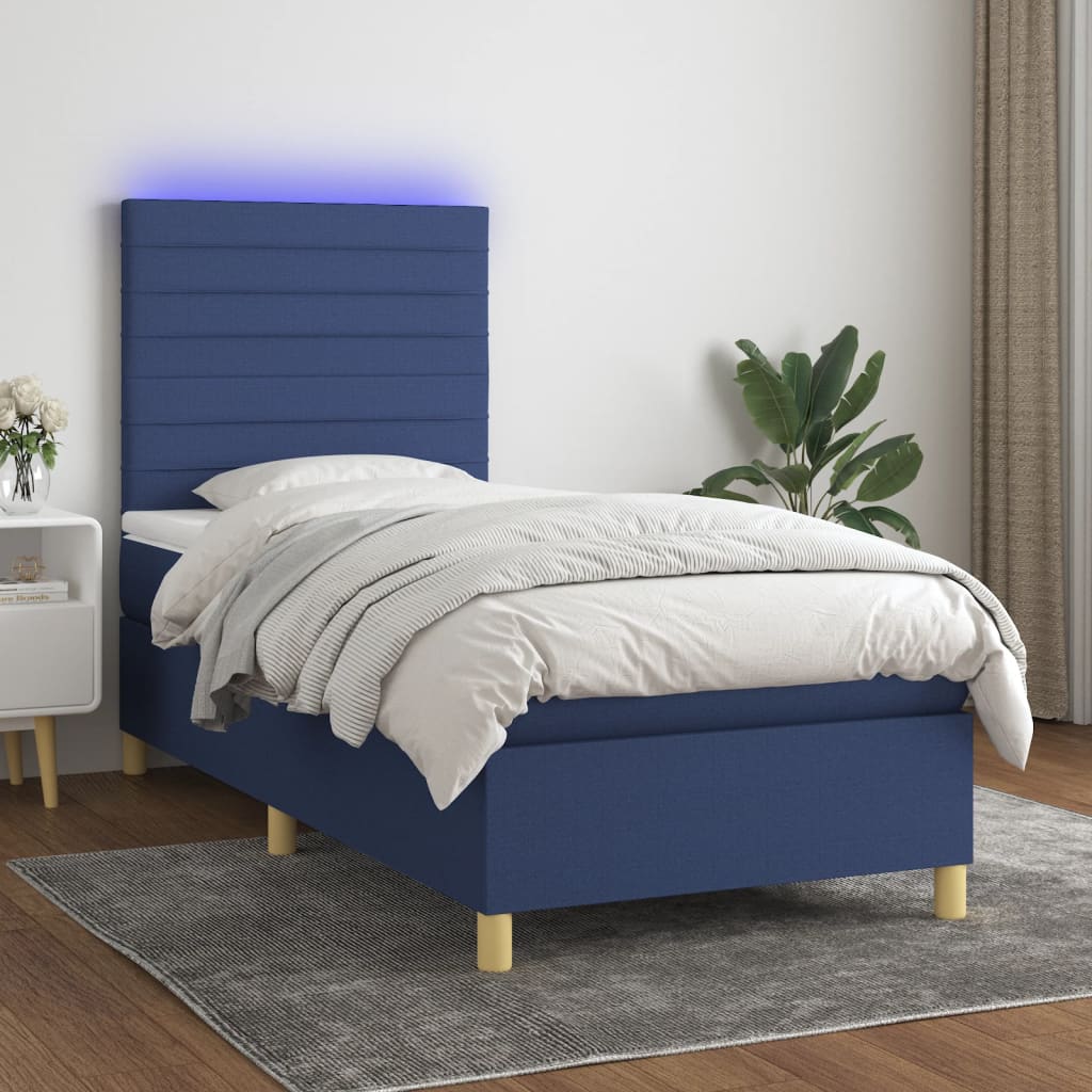 Letto a Molle con Materasso e LED Blu 90x200 cm in Tessuto | homemem39
