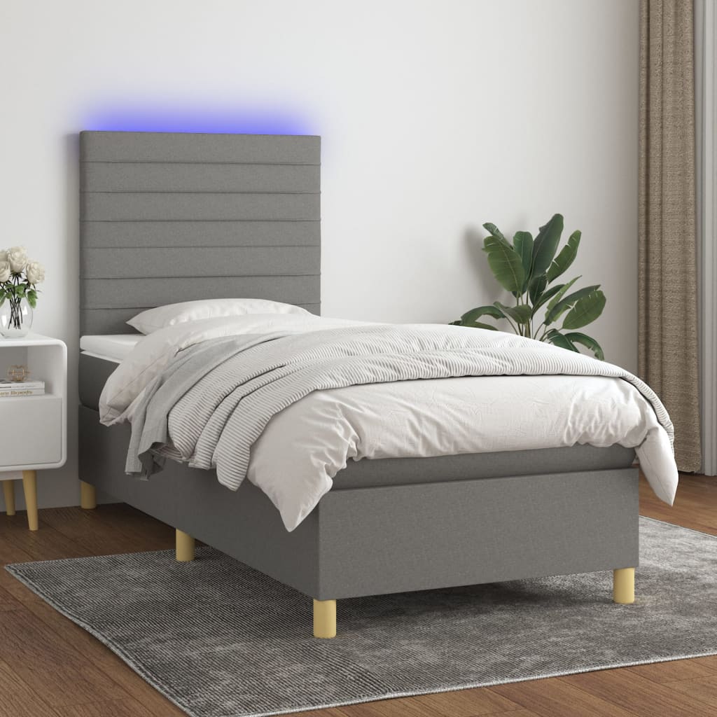 Letto a Molle Materasso e LED Grigio Scuro 100x200cm in Tessuto - homemem39