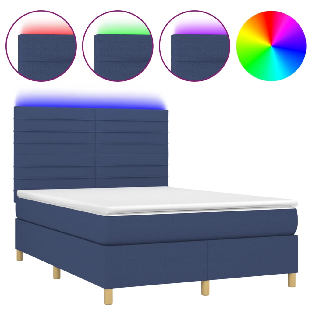 Letto a Molle con Materasso e LED Blu 140x190 cm in Tessuto - homemem39