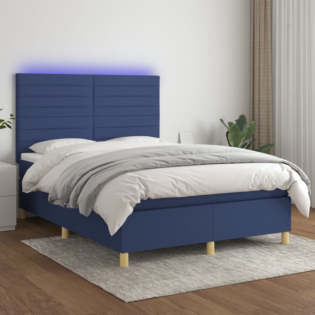Letto a Molle con Materasso e LED Blu 140x200 cm in Tessuto | homemem39