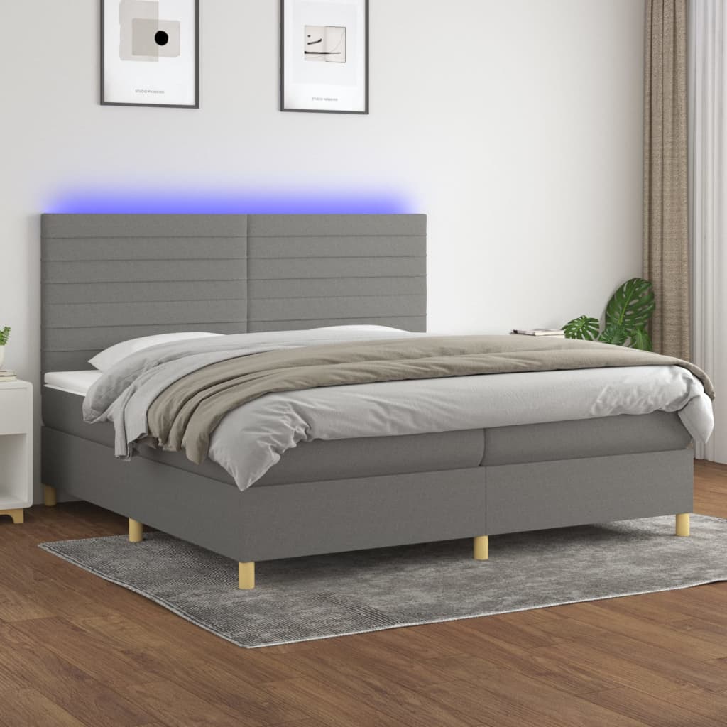 Letto a Molle Materasso e LED Grigio Scuro 200x200cm in Tessuto - homemem39