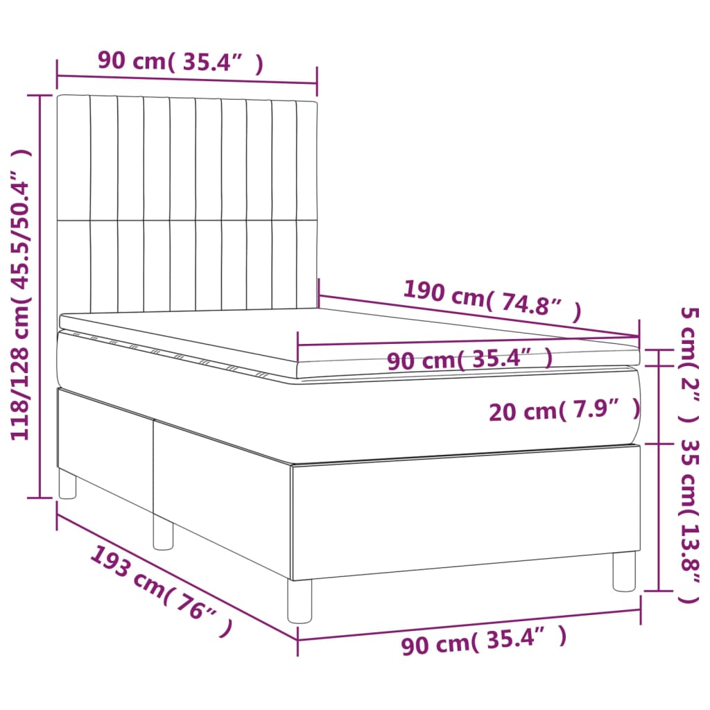 Letto a Molle Materasso e LED Marrone Scuro 90x190cm in Tessuto | homemem39