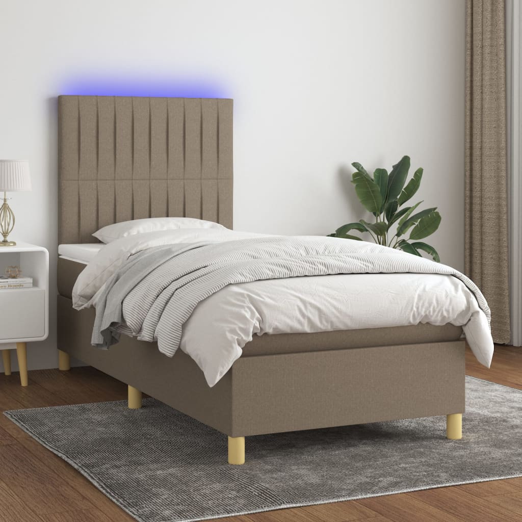 Letto a Molle con Materasso e LED Tortora 90x200 cm in Tessuto | homemem39