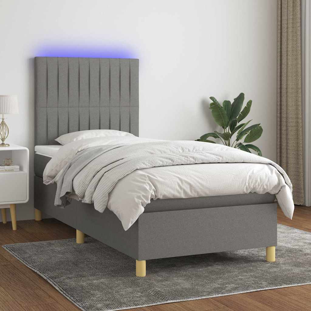 Letto a Molle Materasso e LED Grigio Scuro 100x200cm in Tessuto