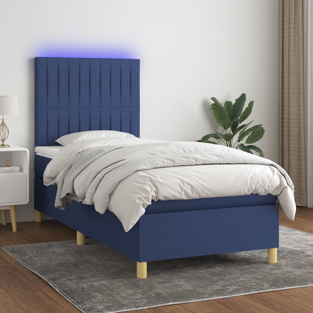 Letto a Molle con Materasso e LED Blu 100x200cm in Tessuto | homemem39
