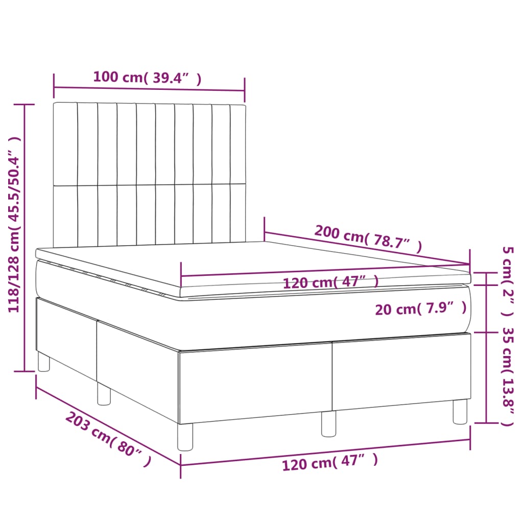 Letto a Molle con Materasso e LED Tortora 120x200cm in Tessuto | homemem39