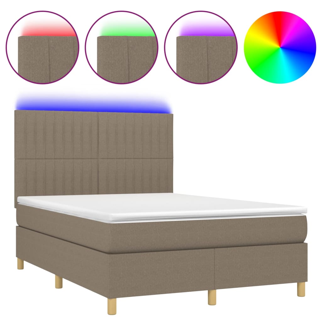 Letto a Molle con Materasso e LED Tortora 140x190 cm in Tessuto | homemem39