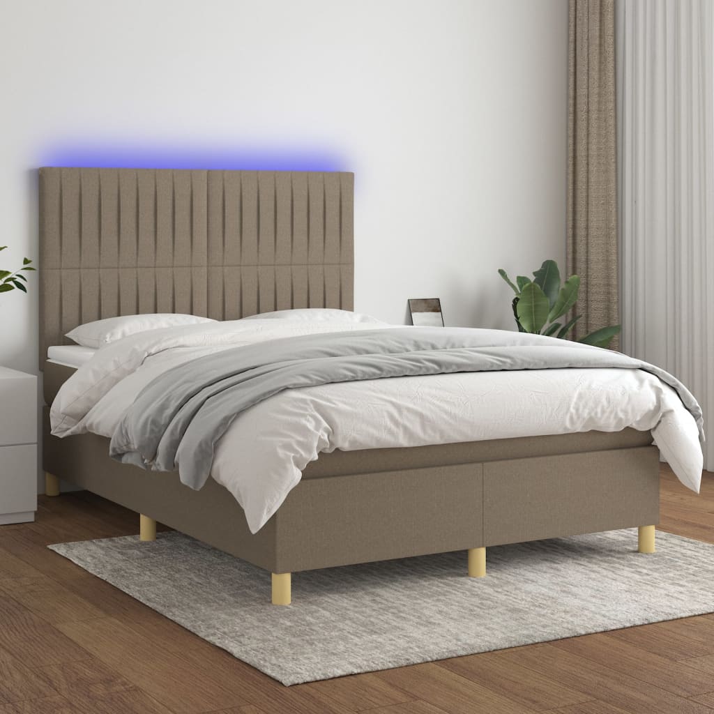 Letto a Molle con Materasso e LED Tortora 140x190 cm in Tessuto | homemem39