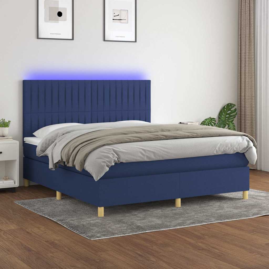 Letto a Molle con Materasso e LED Blu 160x200 cm in Tessuto