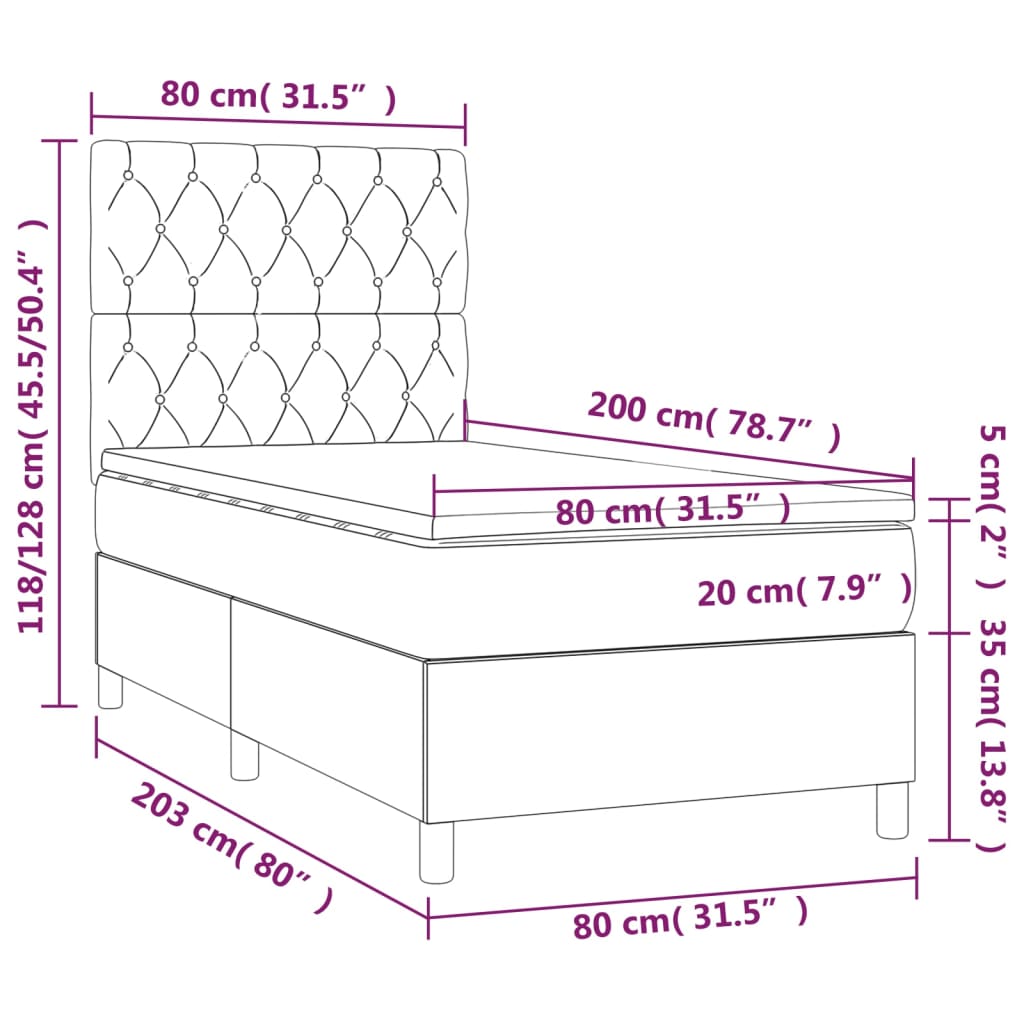 Letto a Molle con Materasso e LED Tortora 80x200 cm in Tessuto | homemem39