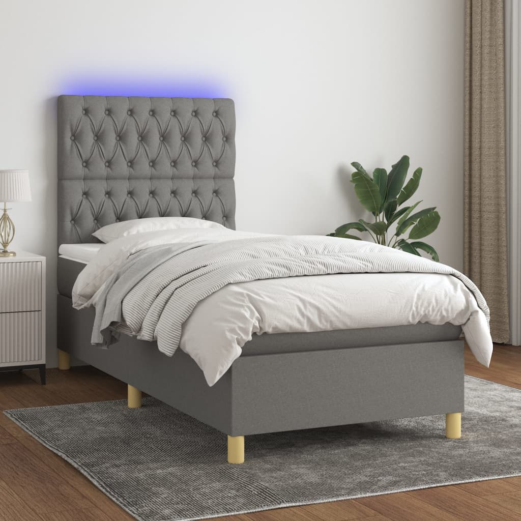 Letto a Molle Materasso e LED Grigio Scuro 90x190 cm in Tessuto | homemem39