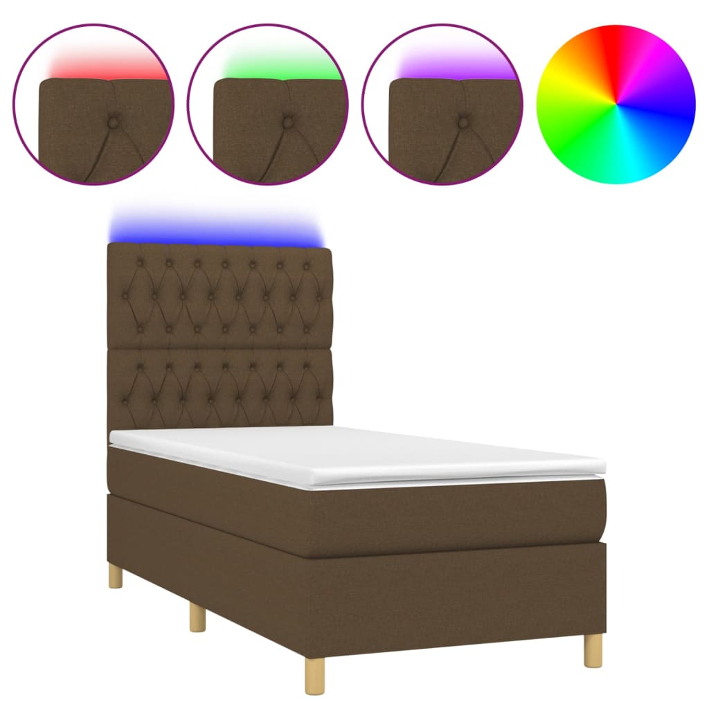 Letto a Molle Materasso e LED Marrone Scuro 90x200cm in Tessuto | homemem39