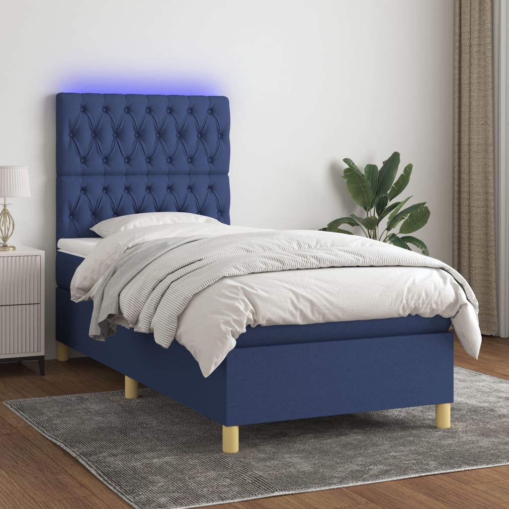 Letto a Molle con Materasso e LED Blu 90x200 cm in Tessuto - homemem39