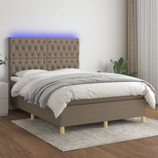 Letto a Molle con Materasso e LED Tortora 140x190 cm in Tessuto | homemem39