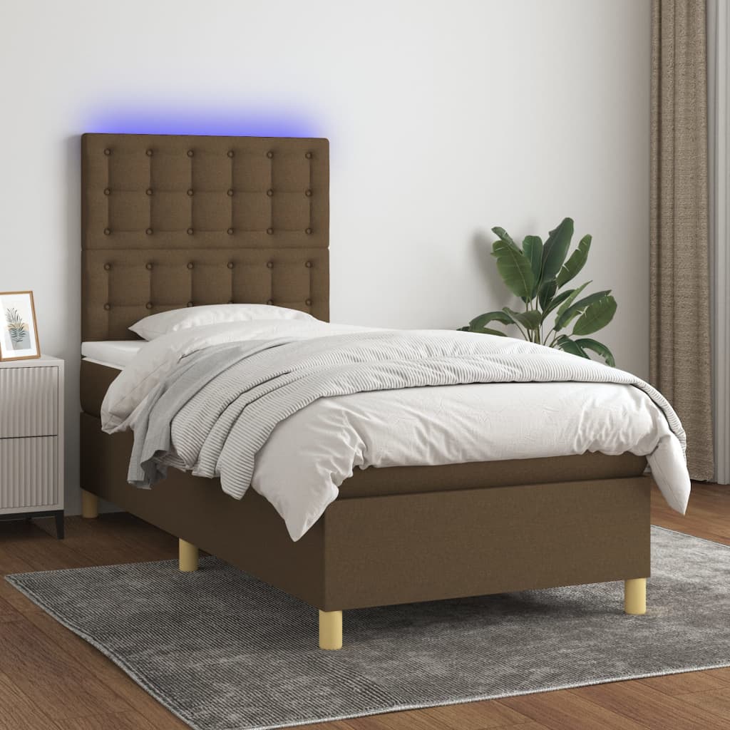 Letto a Molle Materasso e LED Marrone Scuro 80x200cm in Tessuto | homemem39