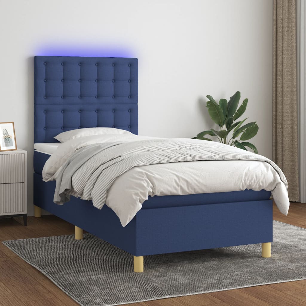 Letto a Molle con Materasso e LED Blu 90x190 cm in Tessuto - homemem39