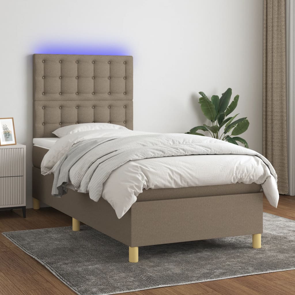 Letto a Molle con Materasso e LED Tortora 90x200 cm in Tessuto - homemem39