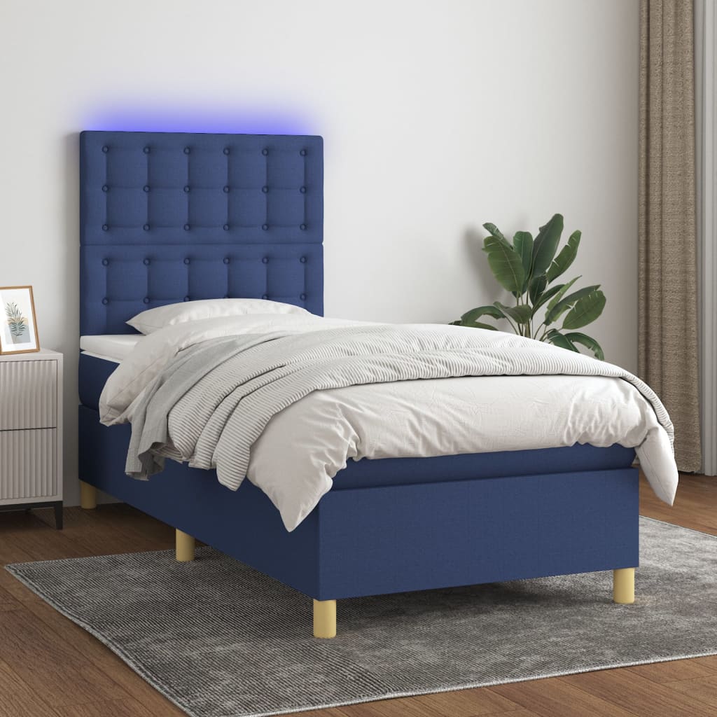 Letto a Molle con Materasso e LED Blu 90x200 cm in Tessuto - homemem39