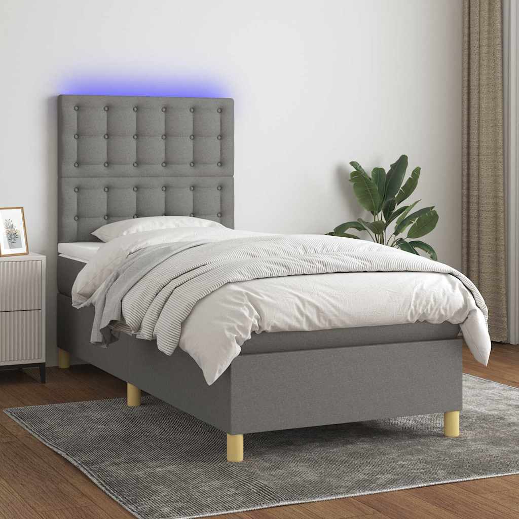 Letto a Molle Materasso e LED Grigio Scuro 100x200cm in Tessuto