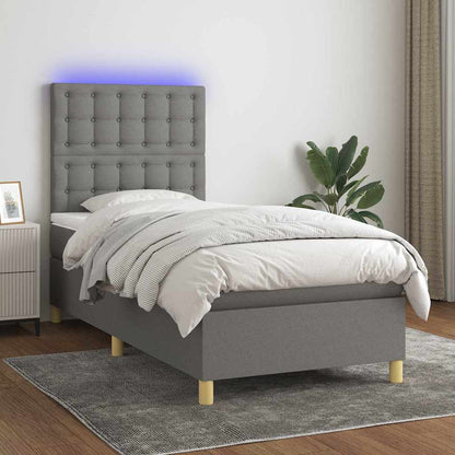 Letto a Molle Materasso e LED Grigio Scuro 100x200cm in Tessuto
