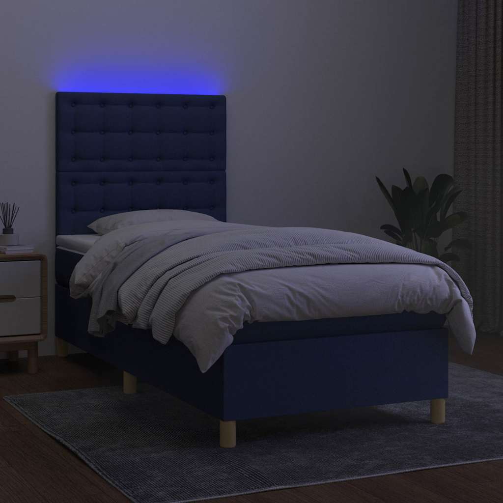 Letto a Molle con Materasso e LED Blu 100x200cm in Tessuto