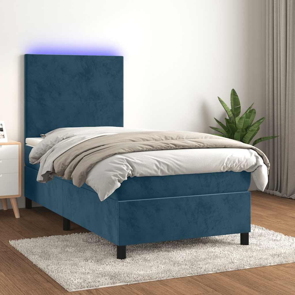 Letto a Molle con Materasso e LED Blu Scuro 80x200cm in Velluto | homemem39