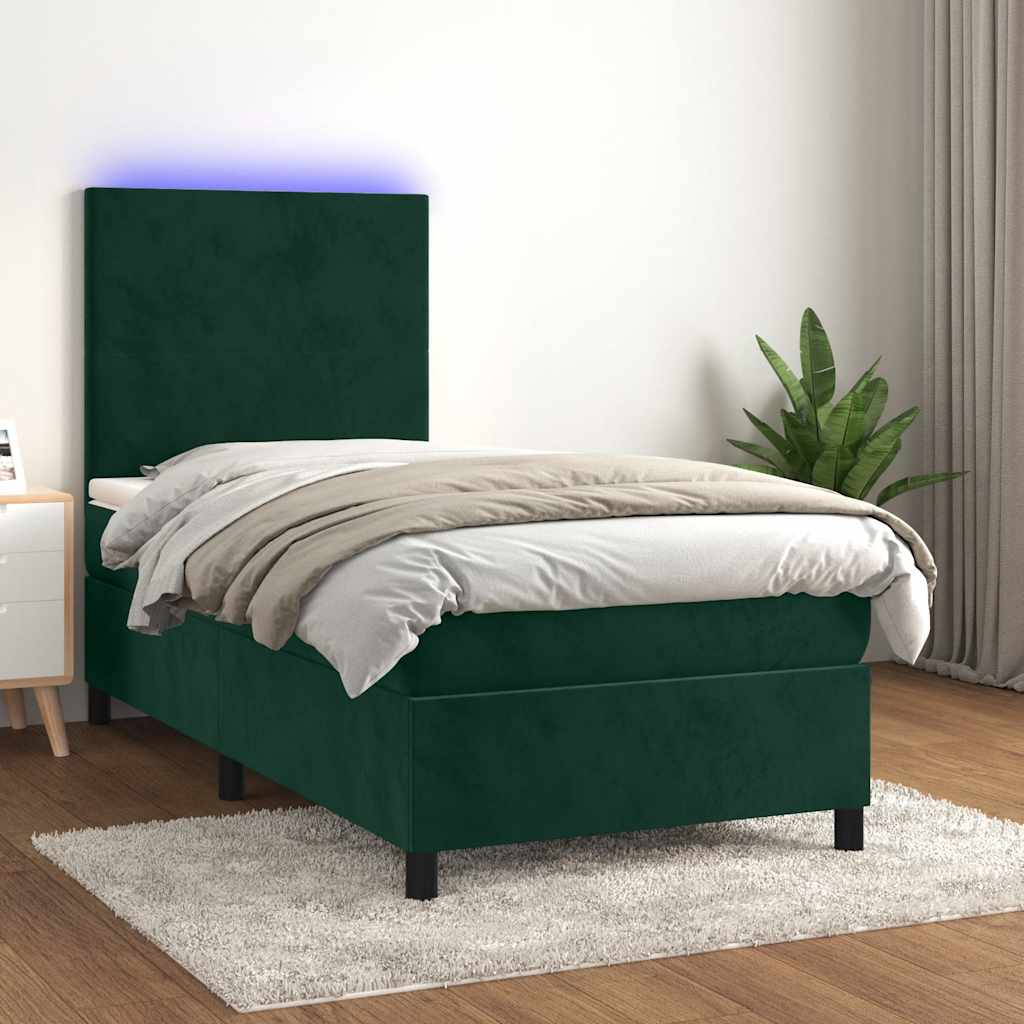 Letto a Molle con Materasso e LED Verde Scuro 90x190 cm Velluto | homemem39
