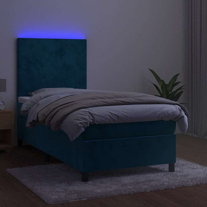 Letto a Molle con Materasso e LED Blu Scuro 90x190cm in Velluto